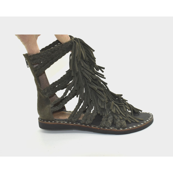 B0 Auth JEFFREY CAMPBELL Olive Green Suede Braided Straps Fringe Sandals Size 6 - Picture 1 of 5